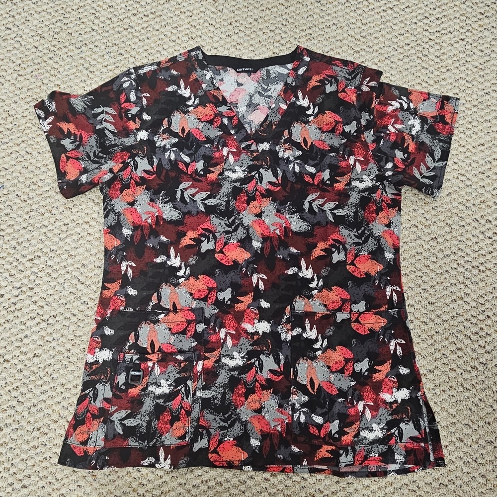 Carhartt Women's Small Scrub Force Cross-Flex‎ Leaf Print Top Nursing Uniform